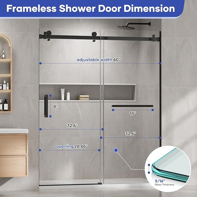 Venice Frameless Shower Door 60 in W x 74 in H,5/16"(8mm) Clear Tempered Glass Door, Bathroom Shower Door with 18 inch Pull Handle, Stainless Steel Hardware Black