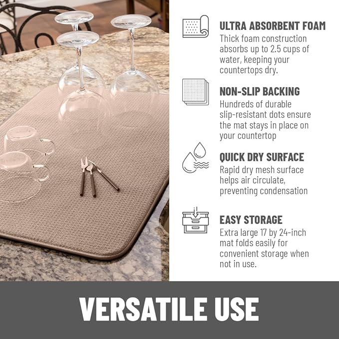 Bellemain XXL Dish Mat 24" x 17" ( LARGEST MAT ) Microfiber Dish Drying Mat , Super absorbent ( Mocha )