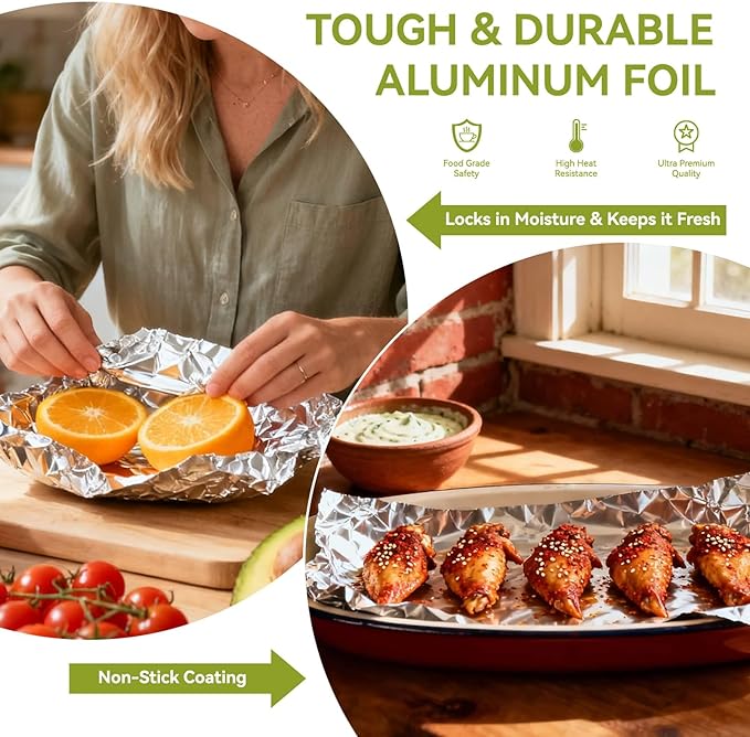 Aluminum Foil Roll, 12in x 350ft Aluminum Foil, Thick Strong Tin Foil with Cutter, Food Safe Cling Wrap for Cooking, Baking, Roasting, Grilling, Freezer Storage