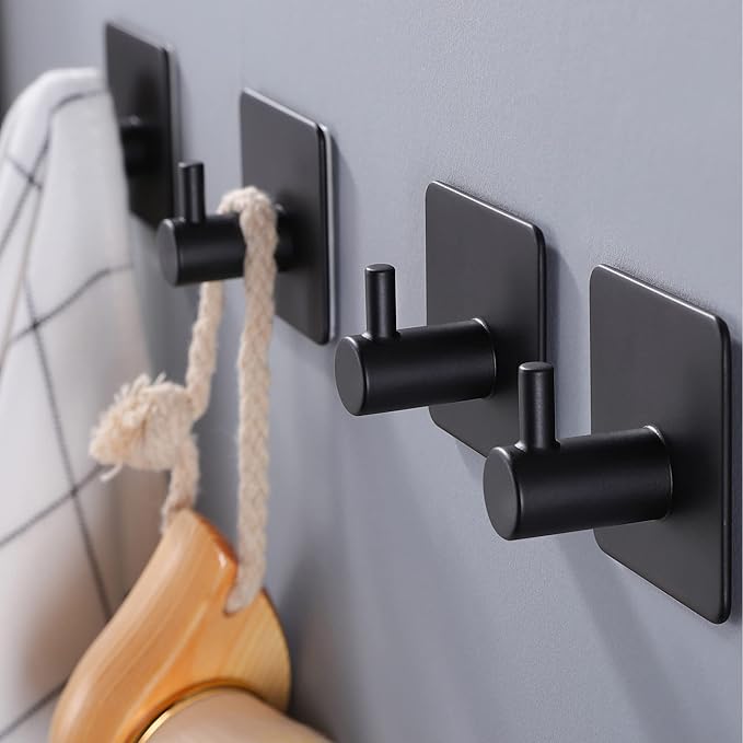 YIGII Adhesive Hooks/Towel Hook - Wall Hooks Stick on Heavy Duty for Hanging Towels/Coat/Hat/Bag in Bathroom, Bedroom, Dorm, SUS-304 Stainless Steel Matte Black 4 Packs