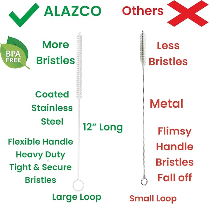 20 Premium Straw Cleaner Brush XL 12" Long & 3/8” Wide Straws Pipe Cleaning Brush Hummingbird Feeders Thick Reusable Shake Straws Coated Stainless Steel Nylon Bristles Flexible Handle