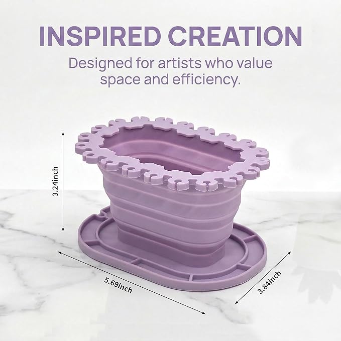Foldable Silicone Paint Brush Cleaner Cup with Holder, Collapsible Basin for Acrylic, Watercolor & Oil Painting, Portable Artist Travel Supplies, Multi-Size Brush Drying Rack & Mixing Palette,Purple