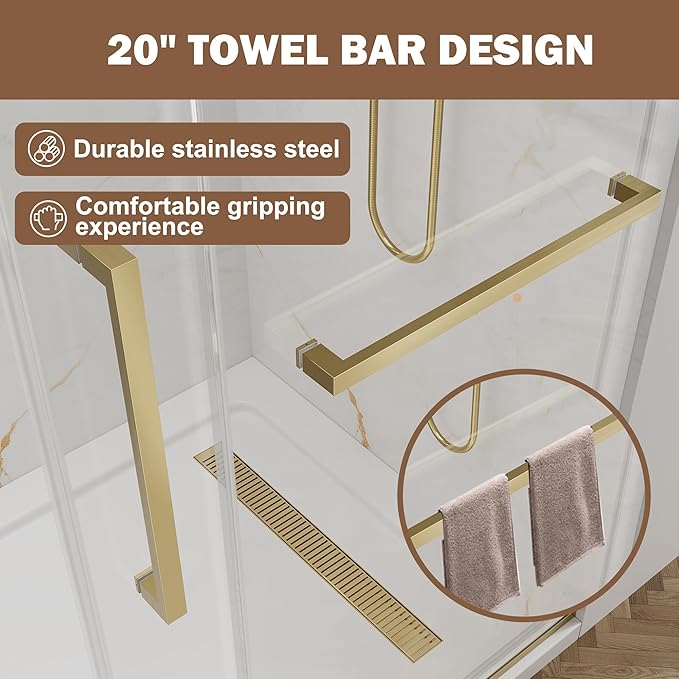 Frameless Sliding Shower Door 56–60" W x 76" H, 5/16" Tempered Glass with Dual-Sided Easy to Clean Coating, Shower Glass Door with SUS304 Stainless Steel Hardware & 20" Towel Rack, Brushed Gold
