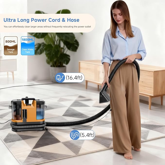 Portable Carpet & Upholstery Cleaner Machine, Handheld Spot Cleaner with Dual Brush, 18KPa Suction, Large Removable Tank for Couch, Car, Stairs, Rugs & Pet Stains, Yellow
