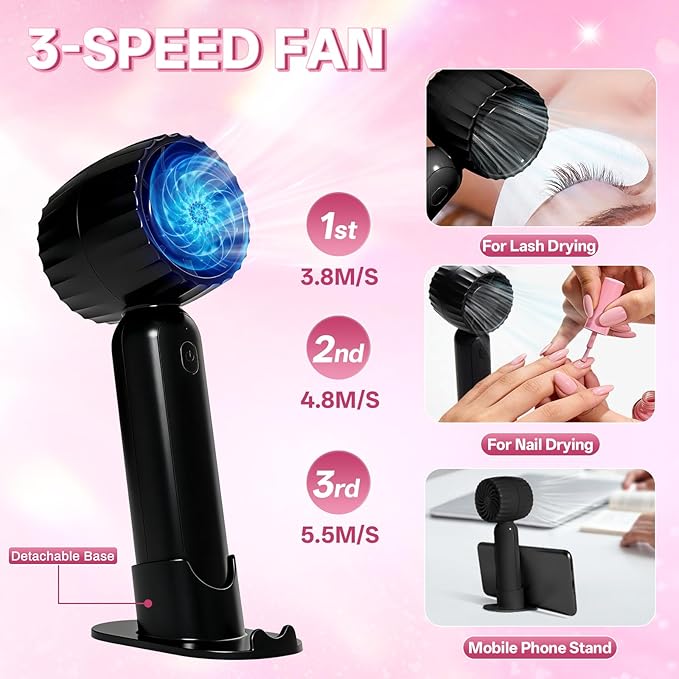Buqikma Lash Shampoo Kit - Eyelash Extension Cleanser for Extensions 60ML with Rechargeable Handheld Lash Fan Dryer Mascara Brush Rinse Bottle Makeup Cleansing Foam for Lash Care