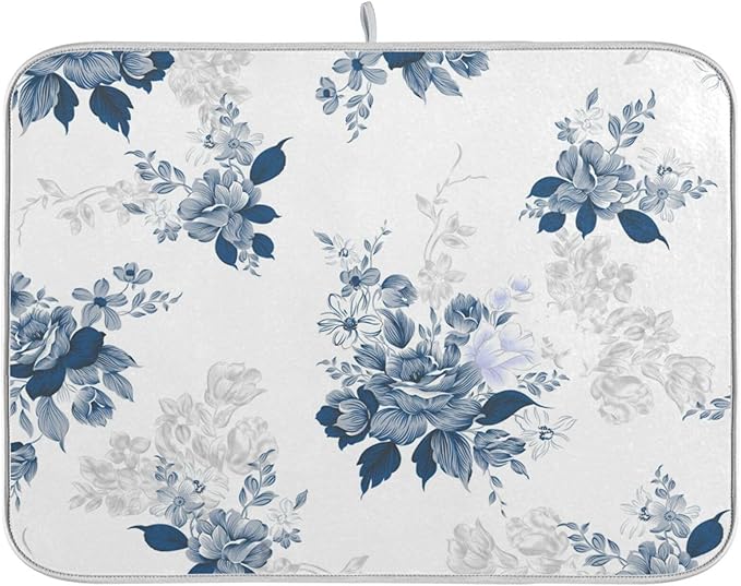 Tarity Watercolor Blue Flower Dish Drying Mat for Kitchen Counter Absorbent Heat Resistant Microfiber Dishes Drainer Mat 18x24 in Large Dish Pad Sink Mat Protective Pad Kitchen Decor