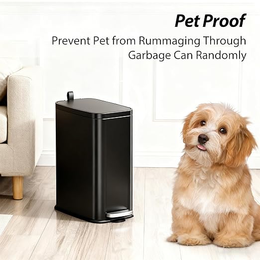 1.6 Gallon Black Bathroom Step Trash Can with Lid, Soft Close, Small Stainless Steel Garbage Can with Removable Inner Bucket, Includes 60 Trash Bags
