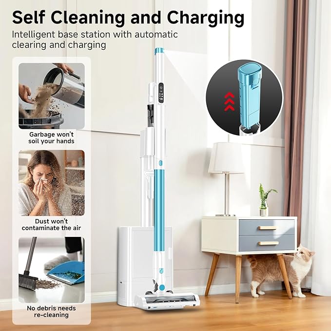 Cordless Stick Vacuum Cleaner with Auto Empty System Self-Charging Base, Powerful Suction for Pet Hair on Carpet & Hardfloor, Lightweight Anti-Tangled Handheld Vacuum, HEPA Filtration, Blue