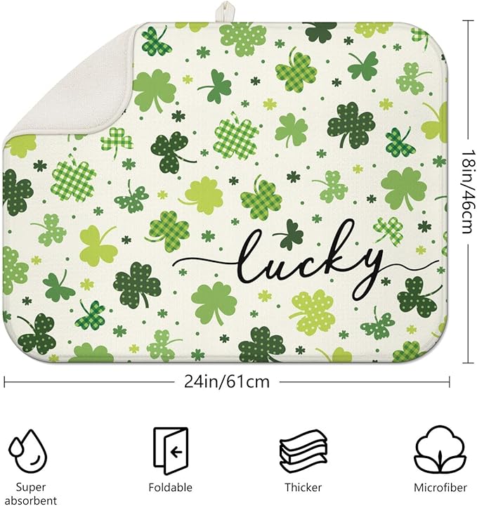 St. Patrick's Day Dish Drying Mat for Kitchen Counter, Green Four-Leaf Clover Microfiber Drain Mat, Shamrock Rug, Washable and Absorbent,18 x 24Inch