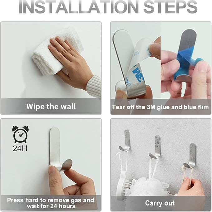 Self Adhesive Towel Hooks, 304 Stainless Steel Heavy Duty Shower Hook for Bathroom, Kitchen, Living Room and Hotel to Hang Towels, Keys, Bags and Hats - 20 Pack