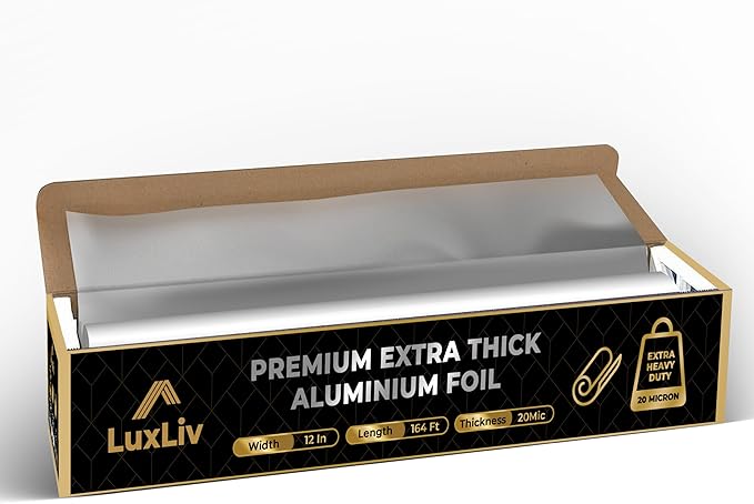 Aluminum Heavy Duty Tin Foil Roll – 12 inch wide x164 ft Length,161 sq ft – Commercial Grade & Extra Thick, Strong Enough for Food Service Industry with cutter - LuxLiv®
