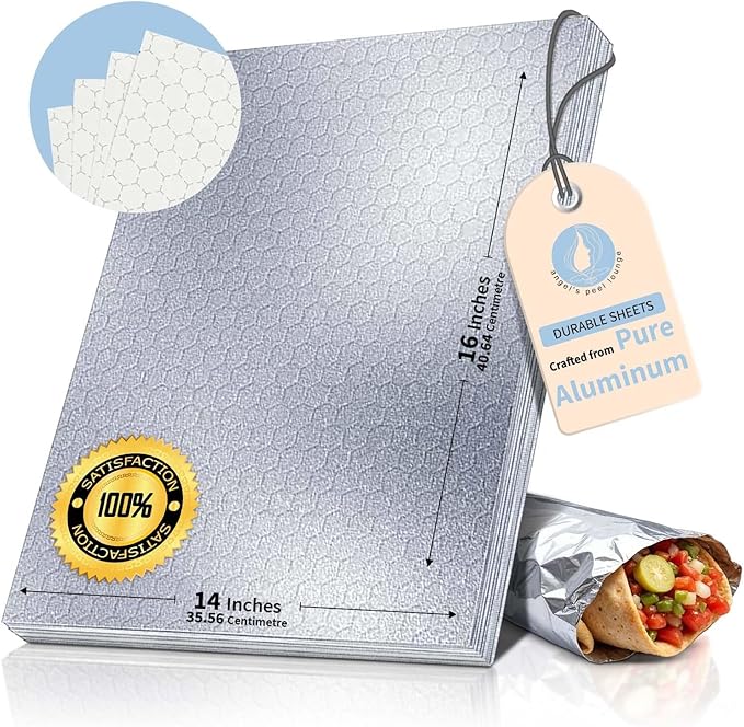 ANGEL’S PEEL LOUNGE Heavy Duty Aluminum Foil Sheets — Heat Retaining Tinfoil Sheets For Burritos, Sandwiches, Burgers, Hot Dogs, Precut Grease-Resistant Wrapping Paper For Food, 14inx16in 100 -PCS