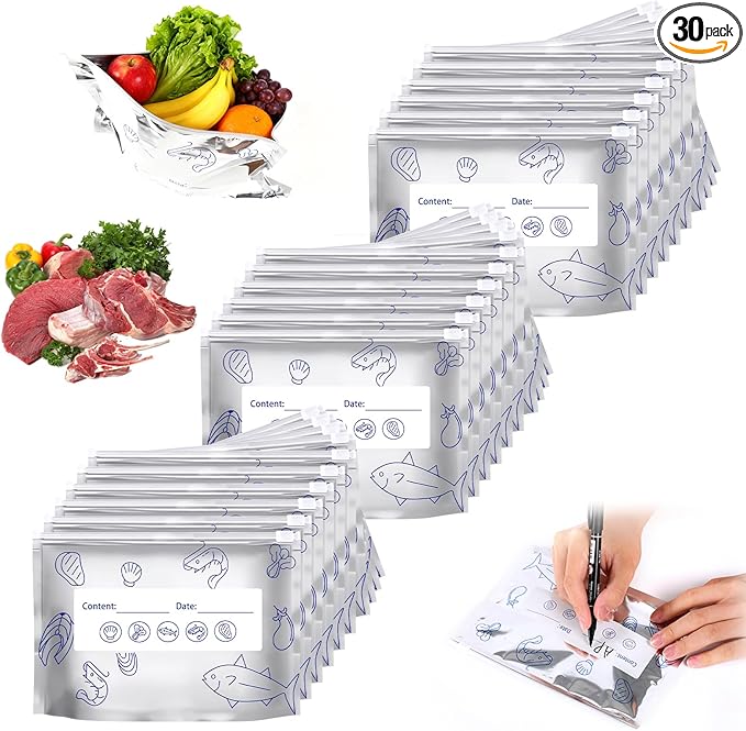 30PCS Reusable Aluminum Foil Sealable Storage Bags,Upgrade Reusable Aluminum Foil Storage Bags,Stand Up Foil Sealable Bags with Label and Zip Lock for Vegetable Fruit Meat (Small)