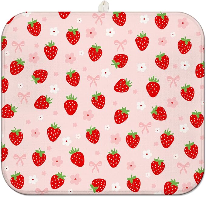 Strawberry Dish Drying Mat for Kitchen Counter,Pink Cute Floral Bow Microfiber Drying Mat,Washable Absorbent Kitchen Countertop Dish Draining Mat,16×18Inch