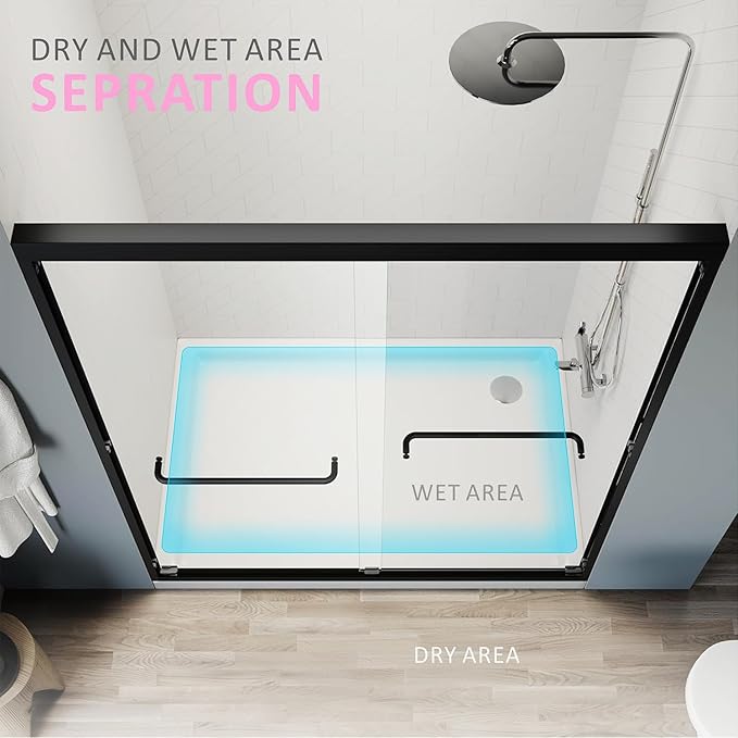Semi-Frameless Glass Shower Door 50-54'' W x 72'' H with 4'' Adjustable Rail,Bathroom Double Sliding Door with 1/4'' Clear Tempered Glass,Matte Black 304 Stainless Steel Hardware