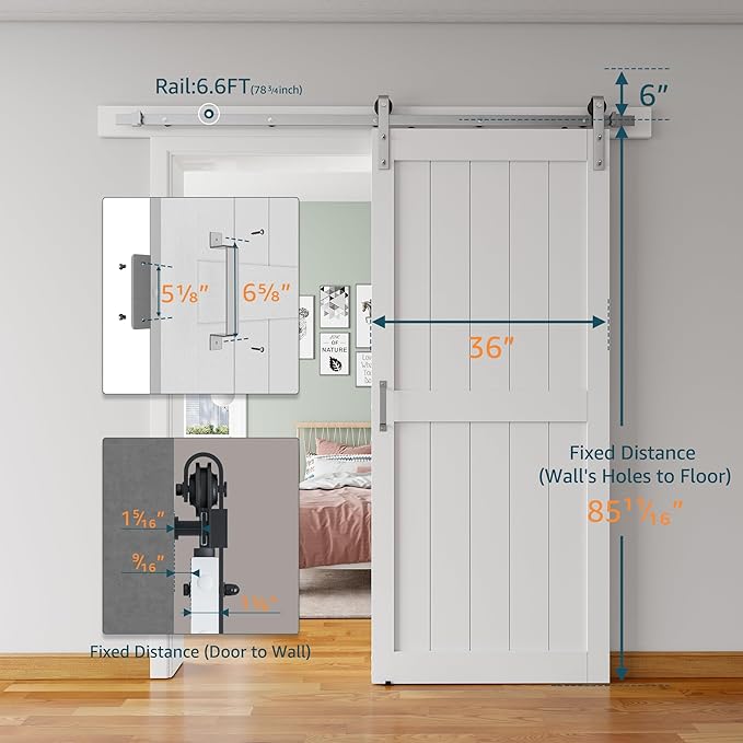 36''x84'' Sliding Barn Door with 6.6 Ft Brushed Nickel Hardware Kit& Handle& Floor Guides,Pre-Drilled Holes Easy Assembly - Include Installation Manual, Water-Proof PVC Surface, H-Frame