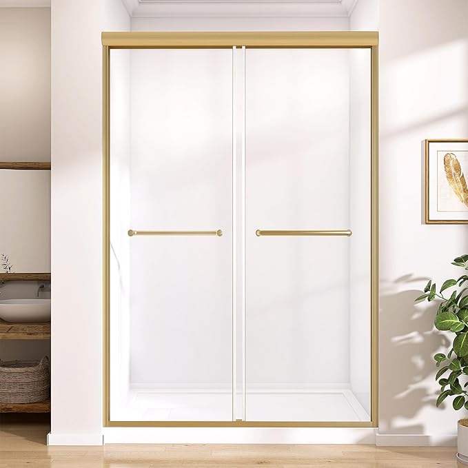 GETPRO Shower Door 44-48 in. W x 75 in. H Semi-Frameless Double Sliding Glass Shower Doors, Bypass Glass Door for Walk-in Shower with 5/16 inch Tempered Glass Brushed Gold