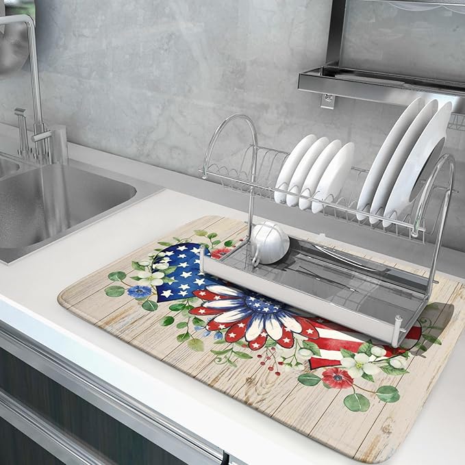 Independence Day Dish Drying Mat 18x24 inch Patriotic Love Heart Fast Dry Microfiber Dishes Drainer Rack Pad Kitchen Counter Accessories