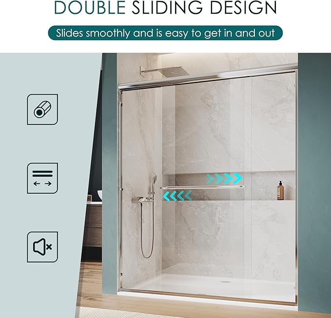 ELEGANT Double Sliding Shower Door 44-48" W x 72" H, Semi-Frameless Bypass Shower Glass Door with Dual Towel Bar Handles, 1/4" Tempered Glass for Walk-in Shower, Chrome Finish