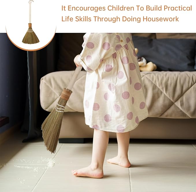 Asian Small Broom, Natural Hand Short Brooms with Wood Handle for Sweeping Indoor Home and Yard