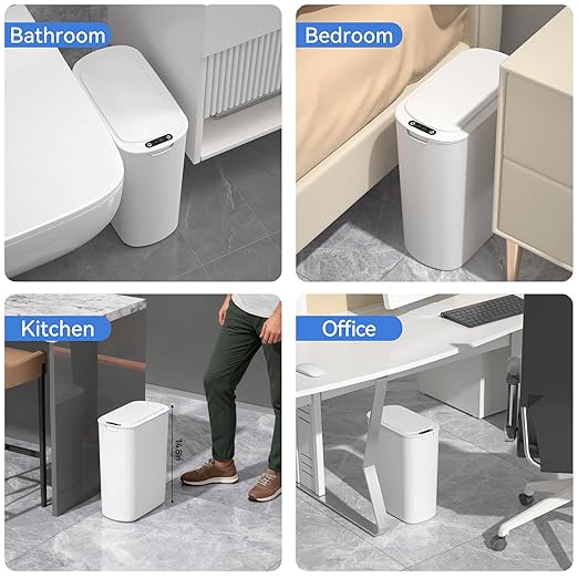 Automatic Motion Sensor Bathroom Trash Can with Lid, 5 Gallon Touchless Trash Bin,Smart Electric Narrow Waterproof Garbage Bin for Toilet, Office, Bedroom, Living Room, Dorm (White
