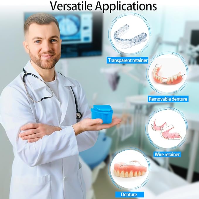 Denture Cups for Soaking Dentures, Partial Denture Holder Case Retainer Mouthguard Cleaning Box Case with 2 Small Brushes - Blue and Dark Blue