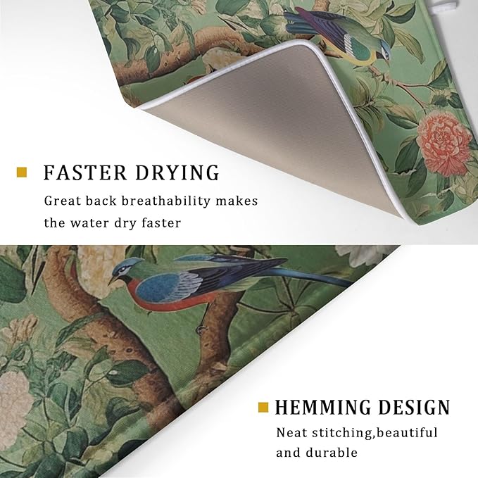 Khope Green Chinoiserie Dish Drying Mat for Kitchen Counter 18x24 Inch Spring Vintage Bird Flower Reusable Washable Farmhouse Flower Drying Pad Countertop Home Decor
