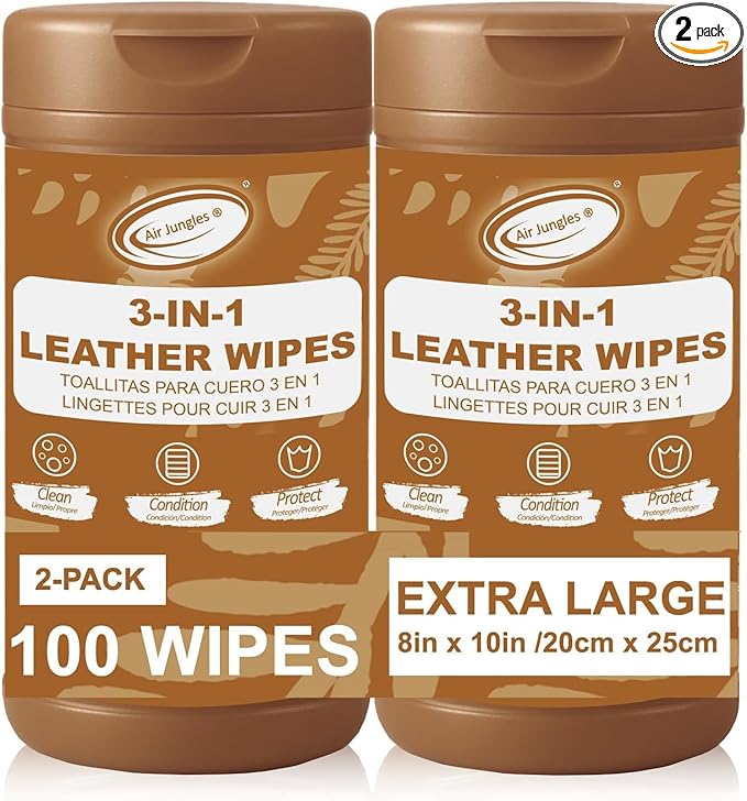 Air Jungles 3in1 Leather Wipes 50 Count (Pack of 2), Extra Large 8" x 10" Size, Clean Condition Protect Wipes for Leather Car Seat, Furniture Couch, Shoes Boots Bags Purse Apparel