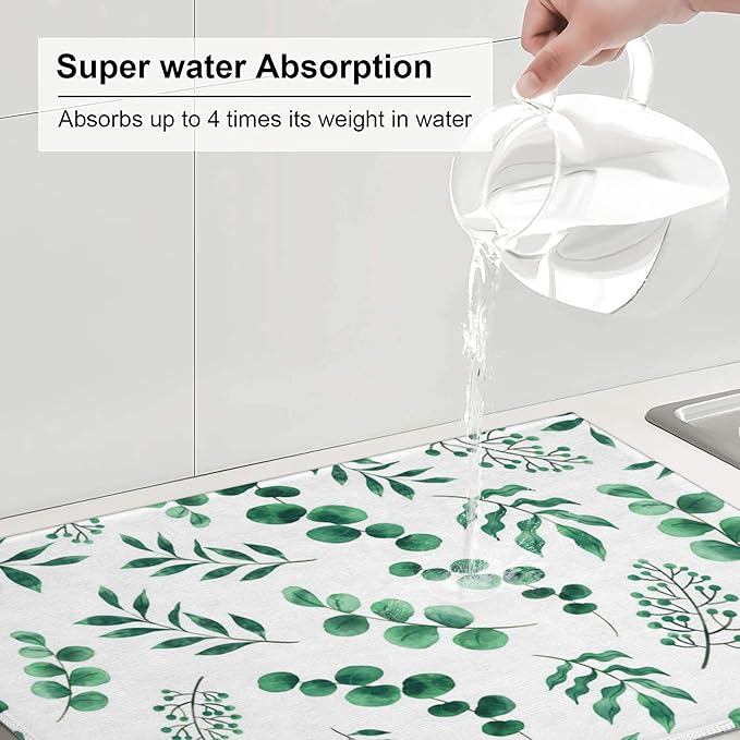 Watercolor Plant Green Leaves Dish Drying Mat for Kitchen Counter, 18"x24" Microfiber Absorbent Fast Dry Mat, 2Pcs Dish Mat Faucet Mats Sets, Large Drying Kitchen Mat Kitchen Drying Pad