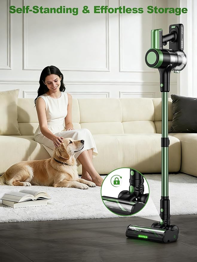 Cordless Vacuum Cleaner, 58Kpa Vacuum Cleaners for Home, 55Mins Stick Vacuum with Self-Standing & LED Display, Anti-Tangle & Wall Mount Charging (Green)
