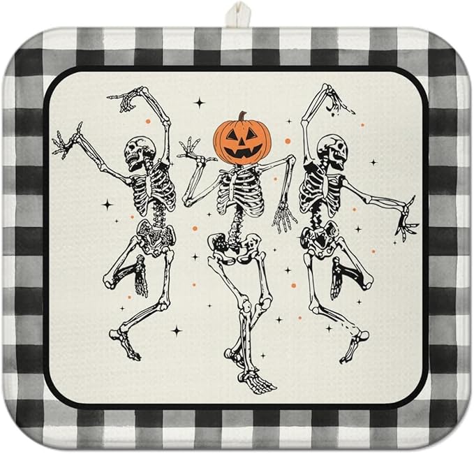 Halloween Dish Drying Mat for Kitchen Counter,Funny Skeleton Pattern Microfiber Drying Mat,Black and White Buffalo Plaid Background Washable Absorbent Countertop Holiday Dish Mat Drain Mat,16x18In