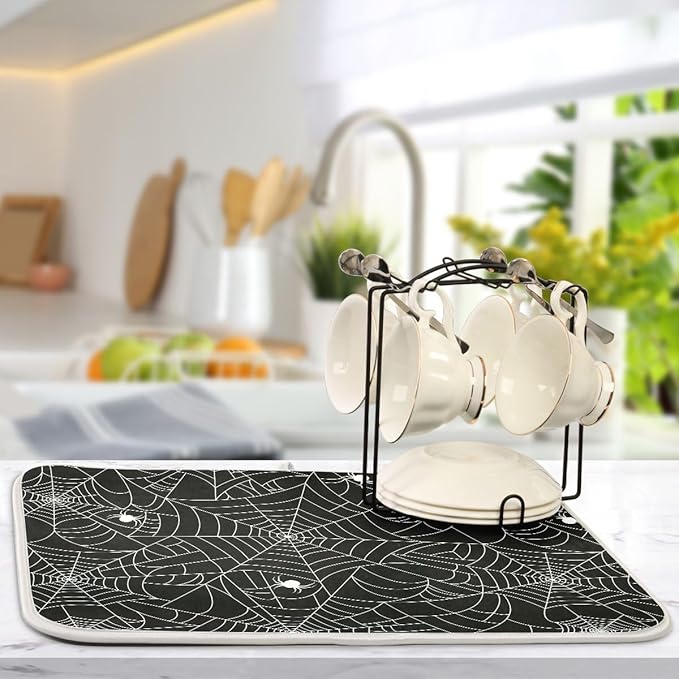 Halloween Spooky Spider Web Dish Drying Mat for Kitchen Happy Halloween Creepy Decoration Microfiber Drying Mats Absorbent Reversible Dish Pad Medium Dish Draining Mat 16x18 inch