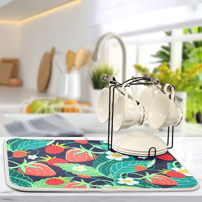 Tarity Green Leaves Red Strawberries Dish Drying Mat for Kitchen Counter Absorbent Heat Resistant Microfiber Dishes Drainer Mat 18x24 in Large Dish Pad Sink Mat Protective Pad Kitchen Decor