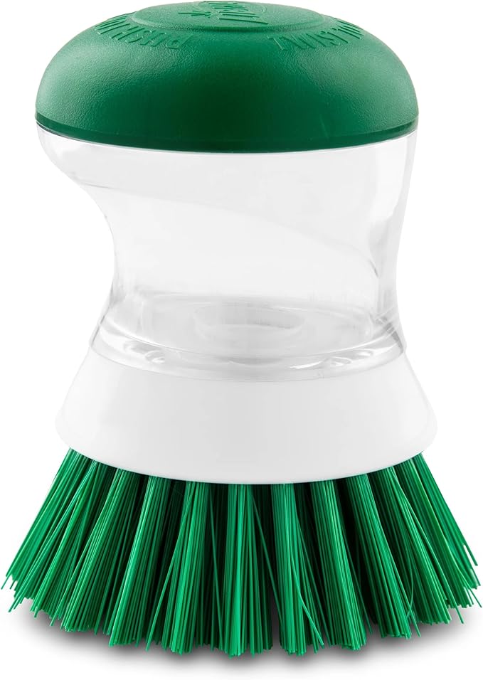Libman Palm Brush with Soap Dispenser – Dish Brush for Pots, Pans & Kitchen Sink Cleaning – Ergonomic Grip, Non-Leaking Button, Durable Angled Bristles – Recycled PET Fibers – 4” x 3.25”