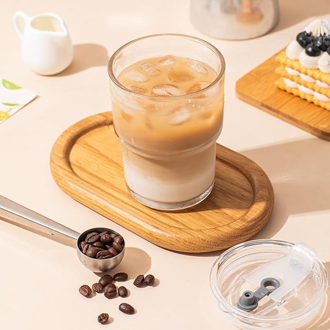 13oz Glass Tumbler with Lid and Glass Straw Set of 2 – Thick-Walled Iced Coffee Cup, Reusable Clear Glass Cups for Water, Iced Tea, Coffee, Juice, Perfect for On-the-Go & Daily Use