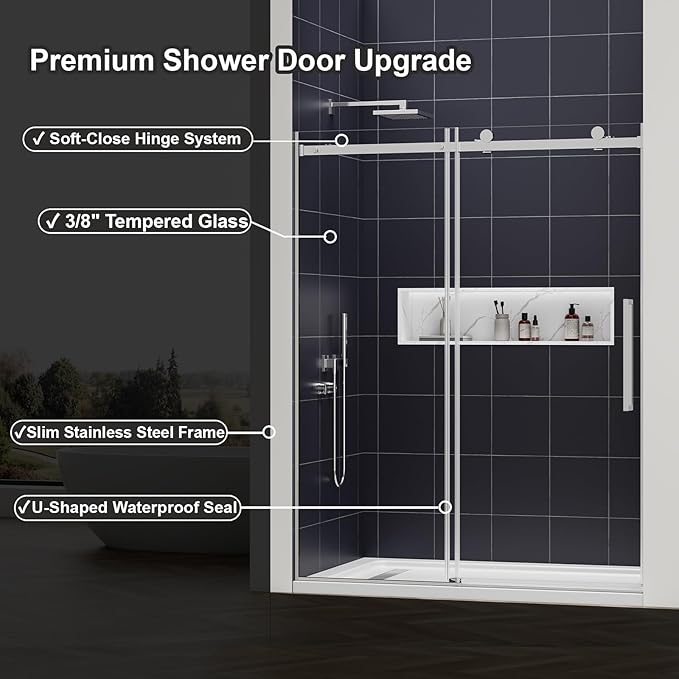 Luxury Soft-Closed Frameless Sliding Shower Door, 58–60" W x 76" H, 3/8" (10mm) Tempered Glass, Nano Coating, 304 Stainless Steel, Premium Quiet Close System - Bright Chrome