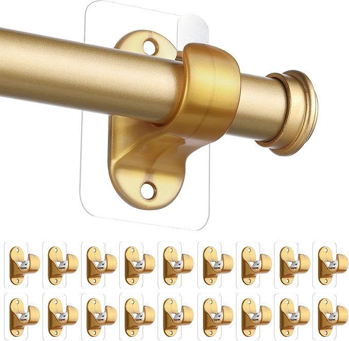 ANDGOO 18 Pack No Hole Curtain Rod Hangers, Self Adhesive Curtain Sticky Hooks, No Drilling, No Nail Heavy Duty Stick on Rod Hooks Bedroom, Bathroom, Livingroom, Kitchen (Gold)