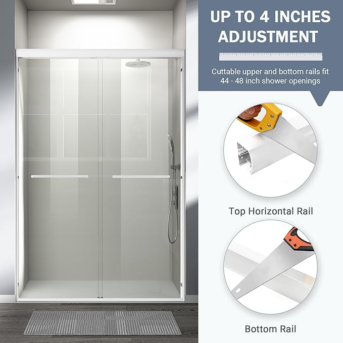 Abruzzo 44" - 48" Adjustable Width Double Sliding Shower Door - Semi-Frameless 72" Tall Bath Enclosure with 1/4" Tempered Glass, White Aluminum Frame for Walk-in Showers
