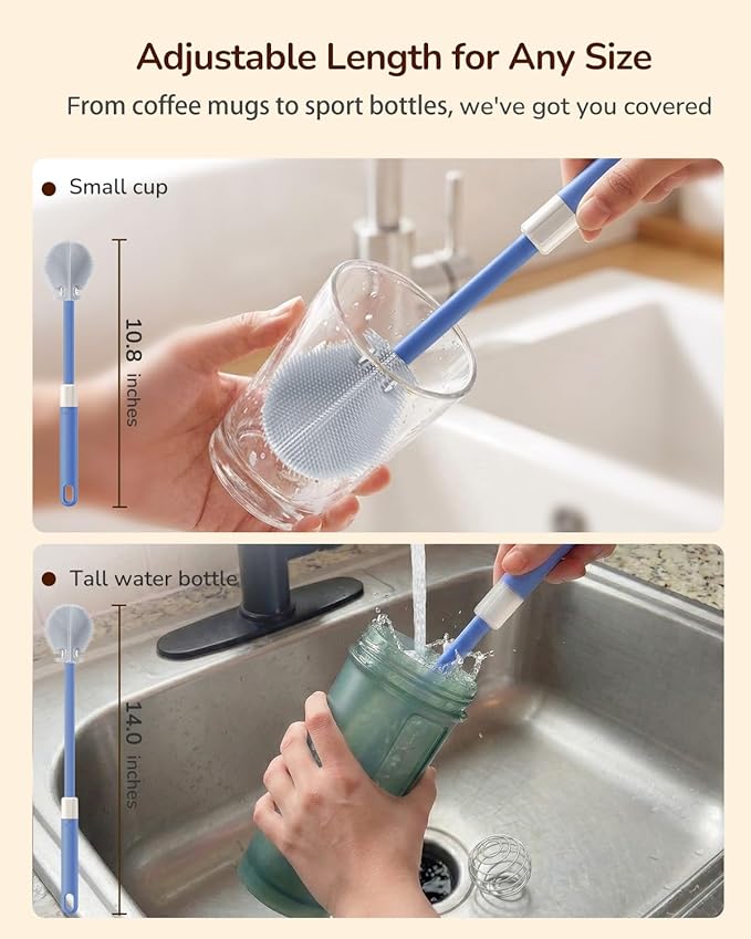 Extendable Bottle Brush with Straw Cleaner Brush, 10.8 to 14 Inches Adjustable Long Handle Water Bottle Scrubber for Cleaning Glasses, Cups, Coffee Mugs, tumblers with Replacement Head, Blue