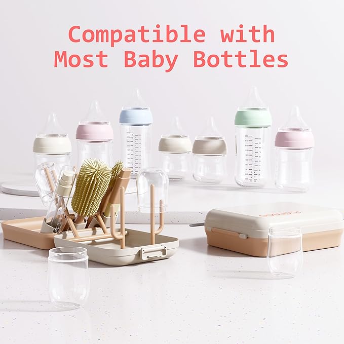 Baby Bottle Brush Set with Drying Rack, Portable Silicone Bottle Cleaner Kit for Bottles, Nipples and Straws, Travel Storage Box for Home and On-The-Go Use（Pink）