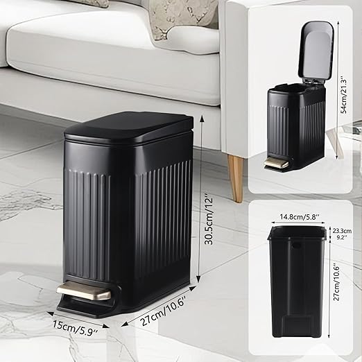 Slim Bathroom Trash Can Foot-Operated Stainless Steel Garbage Can with Soft Close Lid Step Trash Bin with Removable Inner Bucket for Bedroom, Office, Kitchen (Matt Black, 1.8 Gallons)