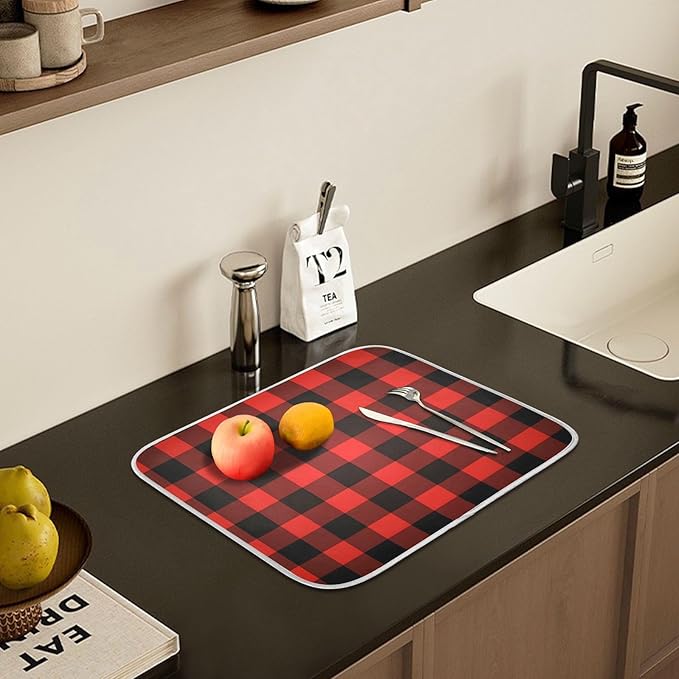 Christmas Red Black Buffalo Plaid Dish Drying Mat for Kitchen Counter Absorbent Microfiber Large Drying Pad Dish Mats for Kitchen Countertops 18 x 24 Inch