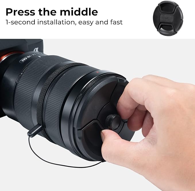K&F Concept 55mm Lens Cap, 9-in-1 Center Pinch Lens Cover + Anti-Loss Keeper Leash + Microfiber Cleaning Cloth Kits Compatible with Nikon, Canon, Sony, Fujifilm Camera Lenses