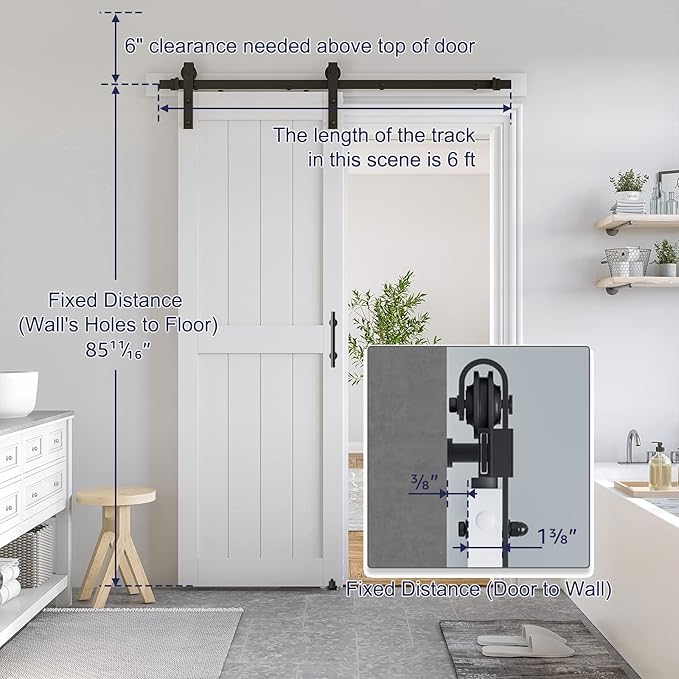 SmartStandard 32 x 84 inch White Sliding MDF Barn Door with 6FT Black Sliding Door Hardware Kit & Handle, Pre-Drilled Ready to Assemble, Waterproof PVC Coating, H-Frame