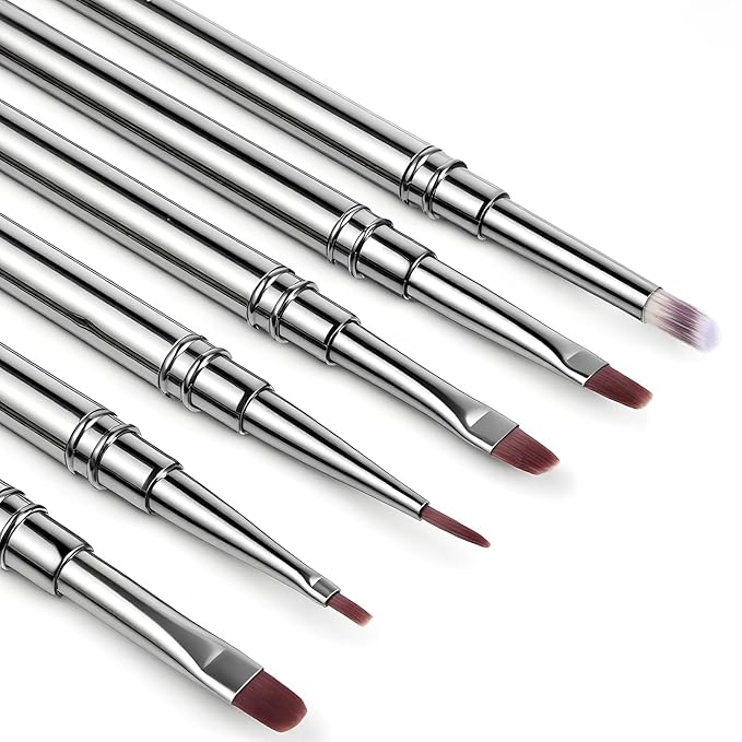 6Pcs Acrylic Nail Brushes, Nails Art Clean Up Brushes Metal Nail Polish Remover Brush Omnipotent Grid Dyeing Flat Oval Fine Angled Gel Brush for Gel Dilution, Halo Dyeing, Watercolor