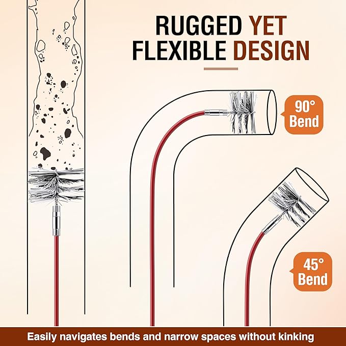 Feekoon Pellet Stove Cleaning Kit, 20 FT Flexible Steel Rod with 3" Brush Head, Flue Detail Cleaner, Pellet Stove Accessories for Vent Pipes Cleaning - Reduce Buildup & Improve Airflow