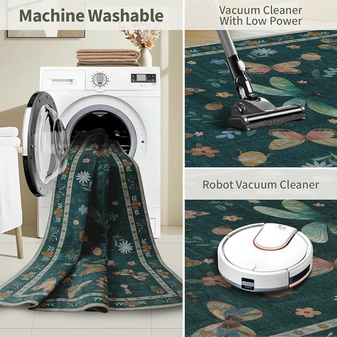 3x5 Rug for Entryway Bedroom, Green 3x5 Washable Area Rug, Floral Vintage Retro Boho Throw Rug, Non Slip & Low Pile Small Carpet for Indoor Kitchen, Bedside, Living Room, Bathroom and Dining