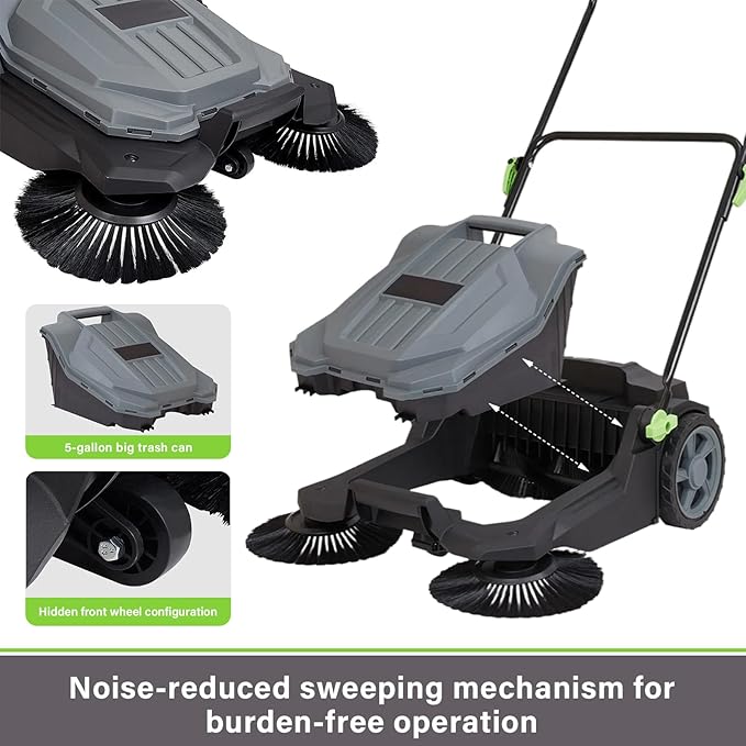 Walk-Behind Hand Push Floor Sweeper, 25.6" Sweeping Width Floor Sweeper Manual Non-Electric, 5-Gallon Waste Container, Angle & Height Adjustable Folding Handle for Walkway, Yard, Garage, Patio (25.6")