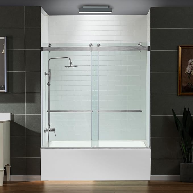 Woodbridge Frameless Bathtub Shower Doors 56-60" Width x 66" Height with 5/16"(8mm) Clear Tempered Glass, 2 Ways Opening & Double Sliding in Polished Chrome Finish