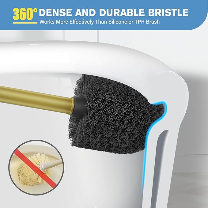 UPTRONIC Toilet Brush, Aluminum Alloy Toilet Brush and Holder Set with Long Handle Durable Bristles Toilet Bowl Brush and Covered Holder for Toilet Scrubber for Bathroom Cleaning (2, Gold)